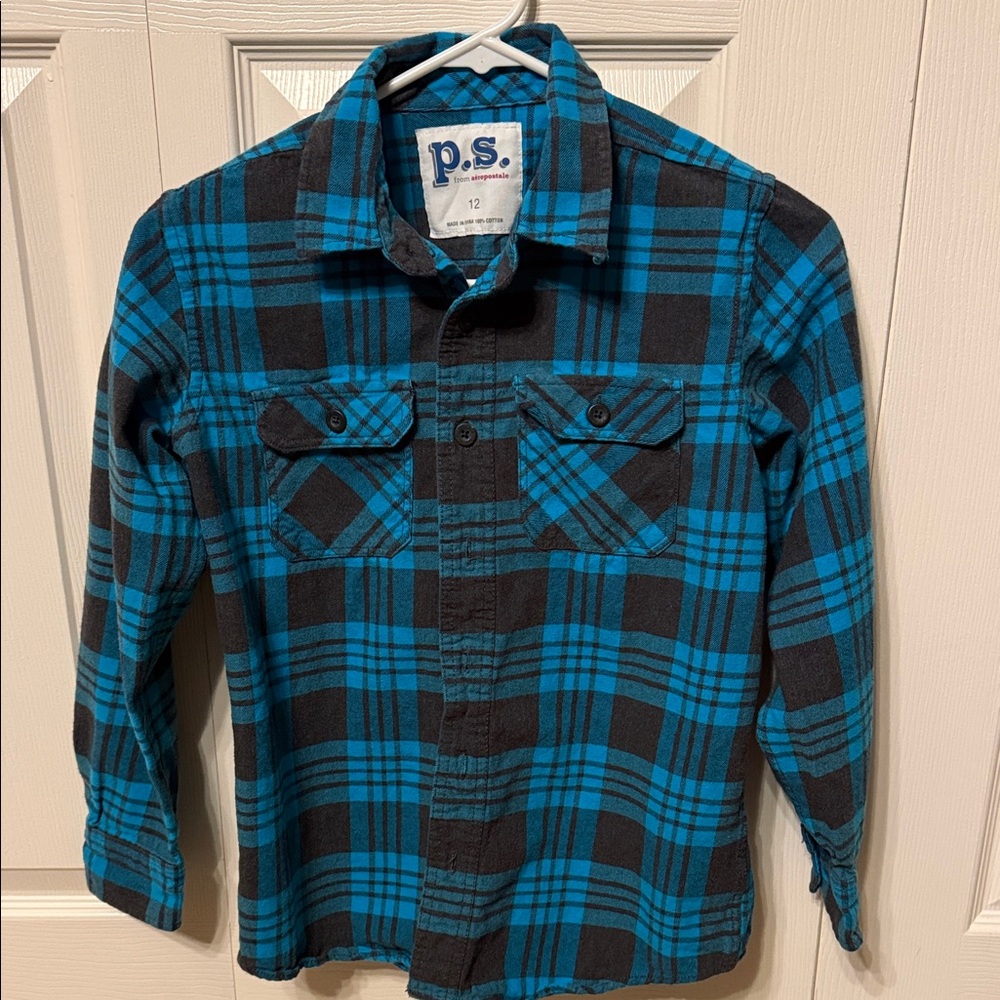 Aeropostale Kids Black and Blue Plaid Button Down Flannel Shirt